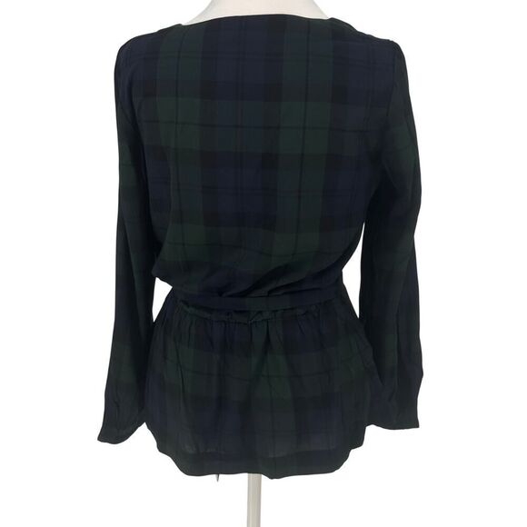J.Crew Mercantile Black Watch Plaid Wrap Top Size 0 Belted V-Neck Peplum Blouse - Picture 4 of 11